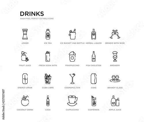 set of 20 line icons such as cosmopolitan, cuba libre, energy drink, fish skeleton, frappuccino, fresh soda with lemon slice and straw, fruit juice, herbal liquor, ice bucket and bottle, ice tea.
