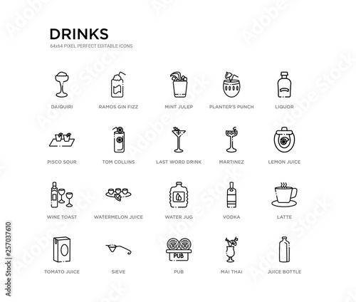set of 20 line icons such as water jug, watermelon juice, wine toast, martinez, last word drink, tom collins, pisco sour, planter's punch, mint julep, ramos gin fizz. drinks outline thin icons