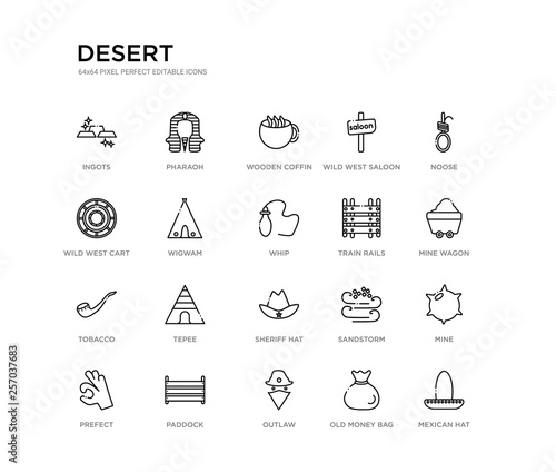 set of 20 line icons such as sheriff hat, tepee, tobacco, train rails, whip, wigwam, wild west cart, wild west saloon, wooden coffin, pharaoh. desert outline thin icons collection. editable 64x64