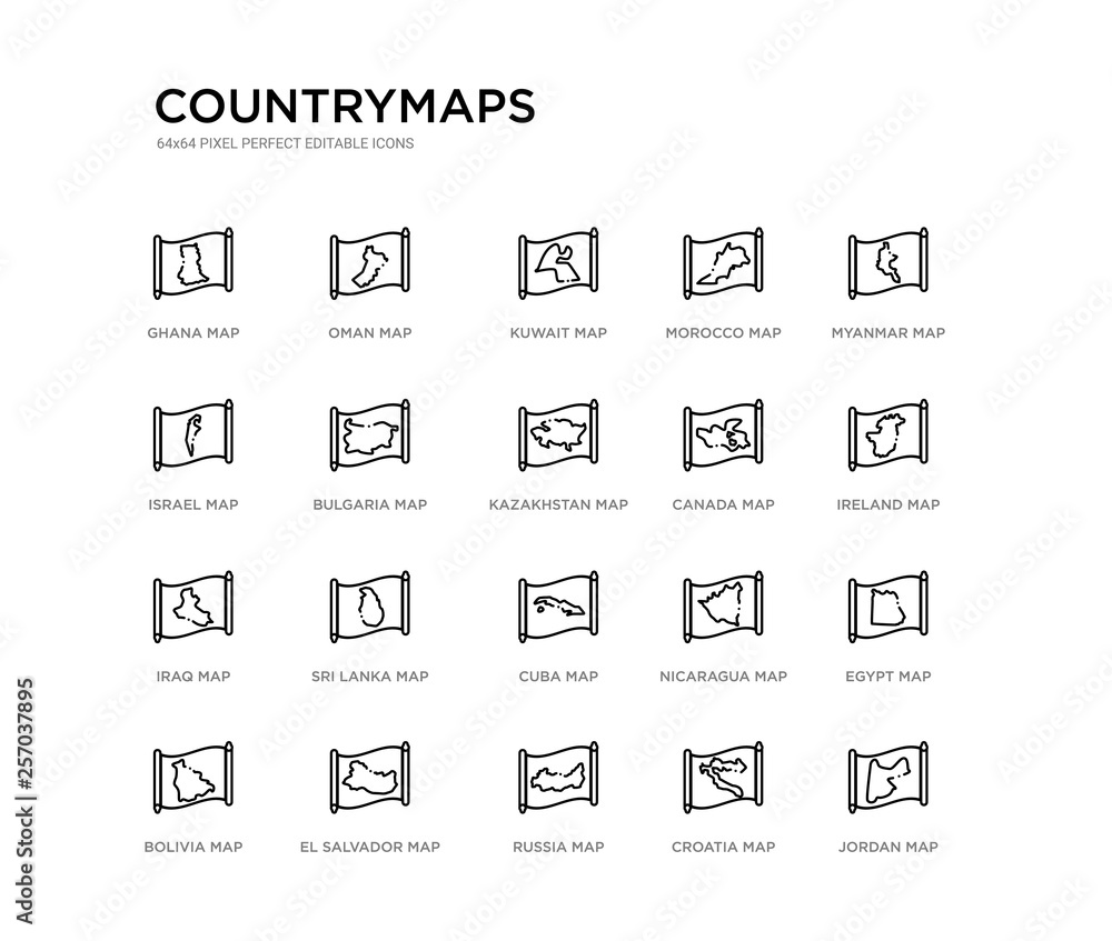 set of 20 line icons such as cuba map, sri lanka map, iraq map, canada kazakhstan bulgaria israel morocco kuwait oman countrymaps outline thin icons collection. editable 64x64 stroke set of 20 line icons such as cuba map, sri lanka map, iraq map, canada kazakhstan bulgaria israel morocco kuwait oman countrymaps outline thin icons collection. editable 64x64 stroke