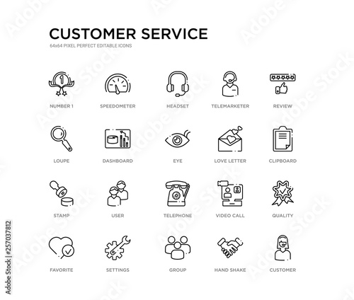 set of 20 line icons such as telephone, user, stamp, love letter, eye, dashboard, loupe, telemarketer, headset, speedometer. customer service outline thin icons collection. editable 64x64 stroke