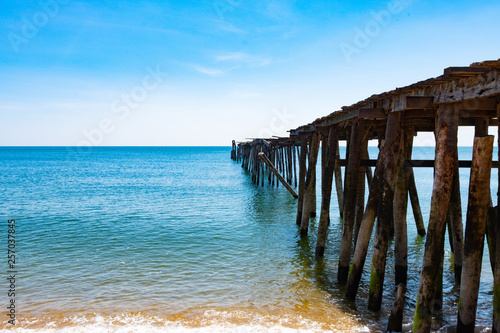 Sea view  blue sky  old wooden bridge  beautiful summer