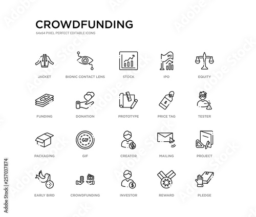 set of 20 line icons such as creator, gif, packaging, price tag, prototype, donation, funding, ipo, stock, bionic contact lens. crowdfunding outline thin icons collection. editable 64x64 stroke