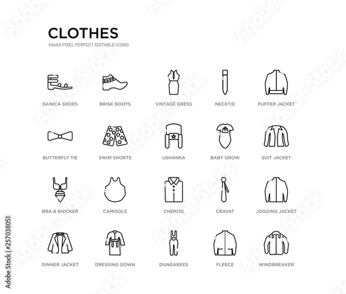set of 20 line icons such as chemise, camisole, bra & knicker, baby grow, ushanka, swim shorts, butterfly tie, necktie, vintage dress, brisk boots. clothes outline thin icons collection. editable