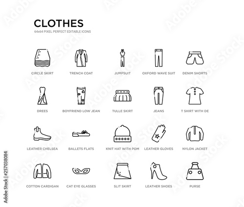set of 20 line icons such as knit hat with pom pom, ballets flats, leather chelsea boots, jeans, tulle skirt, boyfriend low jean, drees, oxford wave suit pants, jumpsuit, trench coat. clothes