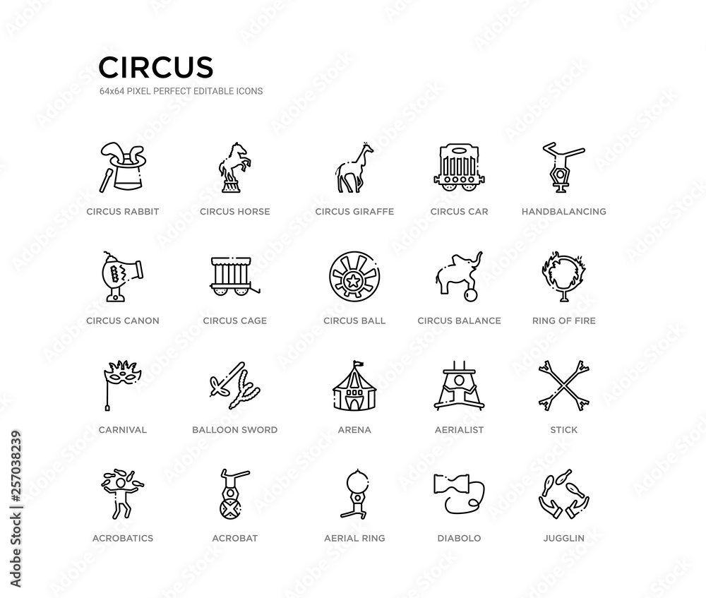 set of 20 line icons such as arena, balloon sword, carnival, circus balance, circus ball, circus cage, canon, car, giraffe, horse. outline thin icons collection. editable 64x64 stroke