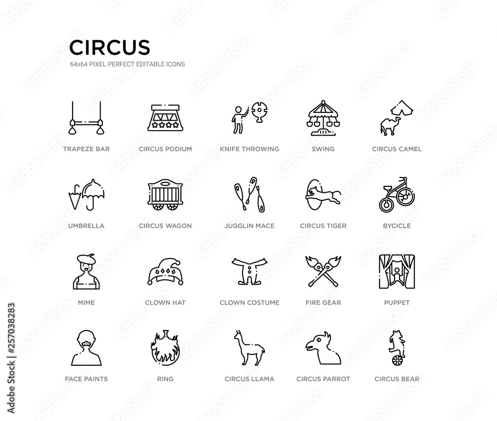 set of 20 line icons such as clown costume, clown hat, mime, circus tiger, jugglin mace, circus wagon, umbrella, swing, knife throwing, circus podium. outline thin icons collection. editable 64x64
