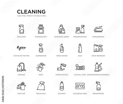 set of 20 line icons such as sterilization, neat, hoover, acid, hard water, suspension, states of matter, preservatives, oxidizing agent, hygroscopic. cleaning outline thin icons collection.