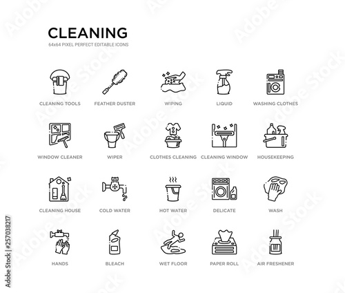 set of 20 line icons such as hot water, cold water, cleaning house, cleaning window, clothes cleaning, wiper, window cleaner, liquid, wiping, feather duster. outline thin icons collection. editable