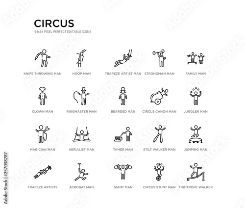 set of 20 line icons such as tamer man, aerialist man, magician man, circus canon bearded ringmaster clown strongman trapeze artist hoop circus outline thin icons collection. editable 64x64 stroke
