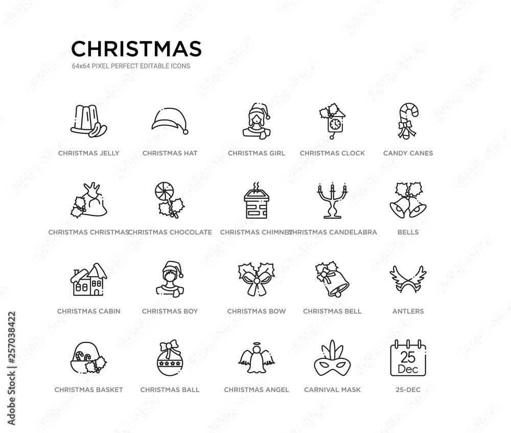 set of 20 line icons such as christmas bow, christmas boy, christmas cabin, candelabra, chimney, chocolate, bag, clock, girl, hat. outline thin icons collection. editable 64x64 stroke