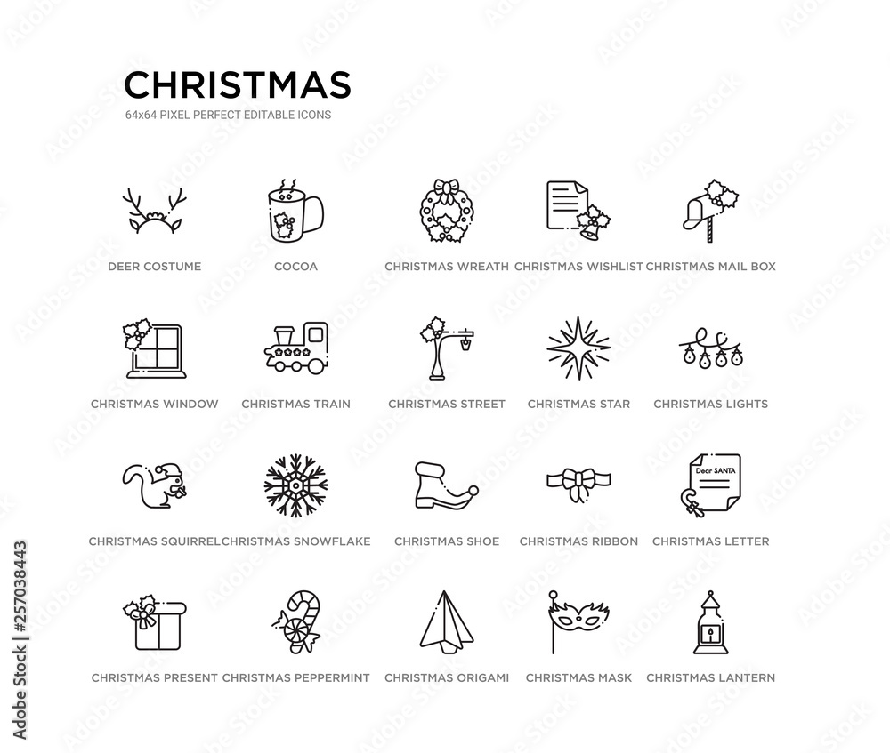 set of 20 line icons such as christmas shoe, christmas snowflake, christmas squirrel, star, street light, train, window, wishlist, wreath, cocoa. outline thin icons collection. editable 64x64 stroke