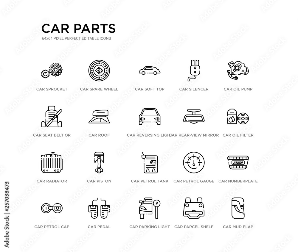 set of 20 line icons such as car petrol tank, car piston, car radiator, rear-view mirror, reversing light, roof, seat belt or safety belt, silencer, soft top, spare wheel. parts outline thin icons
