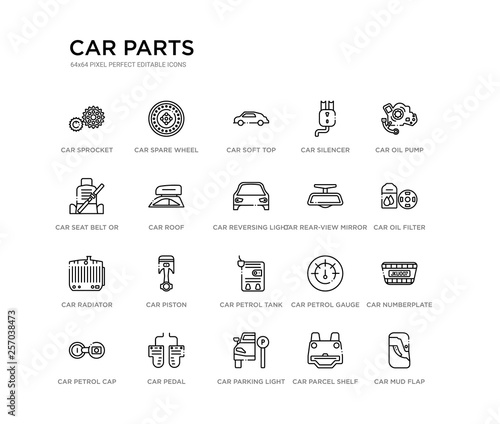 set of 20 line icons such as car petrol tank, car piston, car radiator, rear-view mirror, reversing light, roof, seat belt or safety belt, silencer, soft top, spare wheel. parts outline thin icons
