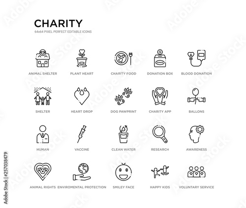 set of 20 line icons such as clean water, vaccine, human, charity app, dog pawprint, heart drop, shelter, donation box, charity food, plant heart. charity outline thin icons collection. editable