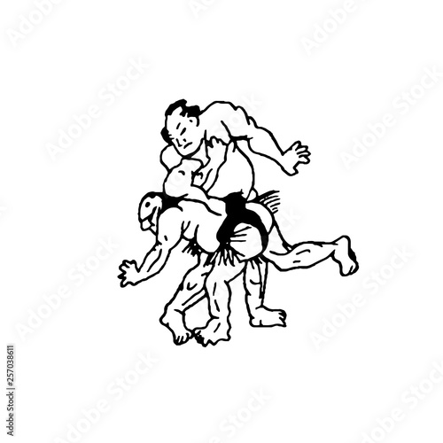 Hand drawn illustration of sumo man wrestlers fight on white background