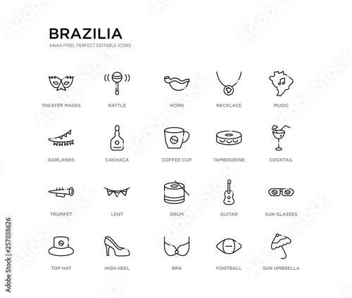 set of 20 line icons such as drum, lent, trumpet, tambourine, coffee cup, cachaca, garlands, necklace, horn, rattle. brazilia outline thin icons collection. editable 64x64 stroke photo