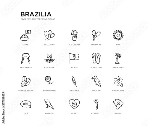 set of 20 line icons such as feather, sunflower, coffee beans, flip flops, flags, eye mask, headdress, maracas, ice cream, balloons. brazilia outline thin icons collection. editable 64x64 stroke