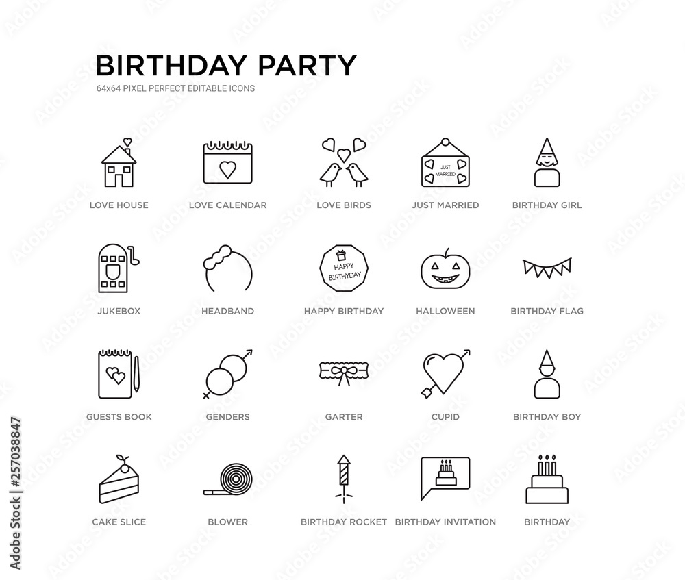 set of 20 line icons such as garter, genders, guests book, halloween, happy birthday, headband, jukebox, just married, love birds, love calendar. birthday party outline thin icons collection. set of 20 line icons such as garter, genders, guests book, halloween, happy birthday, headband, jukebox, just married, love birds, love calendar. birthday party outline thin icons collection.