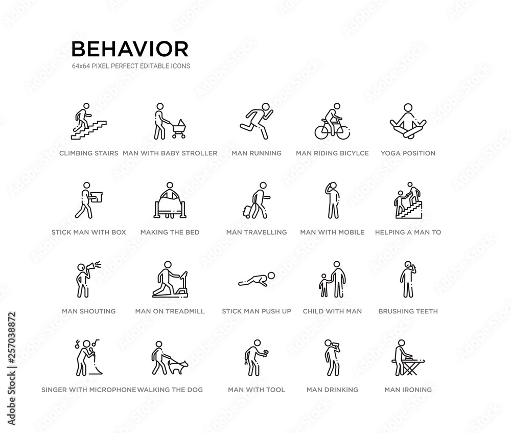 set of 20 line icons such as stick man push up, man on treadmill, man shouting, with mobile phone, travelling, making the bed, stick with box, riding bicylce, running, with baby stroller. behavior