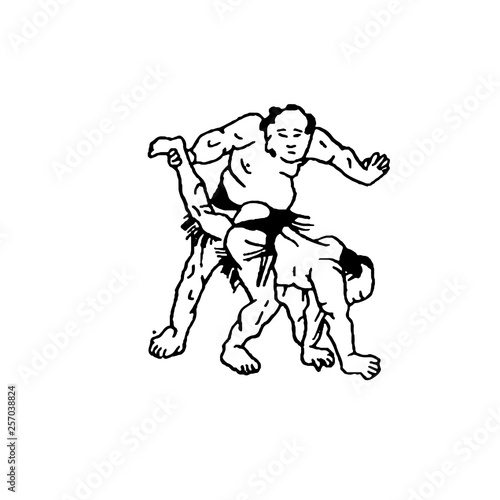 Hand drawn illustration of sumo man wrestlers fight on white background