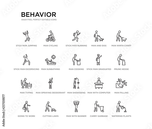 set of 20 line icons such as man showering, man spraying deodorant, man typing, stick graduated, cooking, sunbathing, stick excersicing, and dog, stick running, cycling. behavior outline thin icons © Meth Mehr