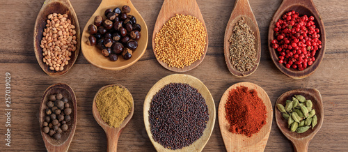 Spices and herbs. Colorful spices on wooden table, banner