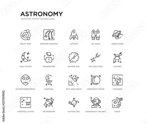 set of 20 line icons such as day and night, dioptra, extraterrestrial, falling star, gamma ray, generator, half moon, jet pack, liftoff, meteor shower. astronomy outline thin icons collection.
