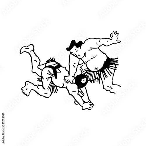 Hand drawn illustration of sumo man wrestlers fight on white background