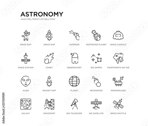 set of 20 line icons such as planet, rocket ship, alien, big dipper, observatory, comet, space station, destroyed planet, asteroid, space ship. astronomy outline thin icons collection. editable