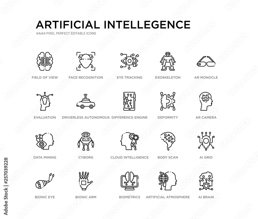 set of 20 line icons such as cloud intelligence, cyborg, data mining, deformity, difference engine, driverless autonomous car, evaluation, exoskeleton, eye tracking, face recognition. artificial