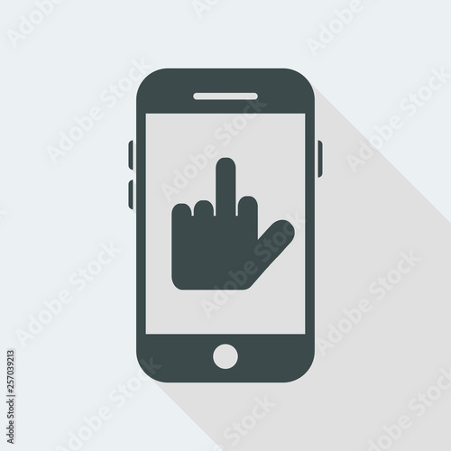 Hand showing middle finger on smartphone