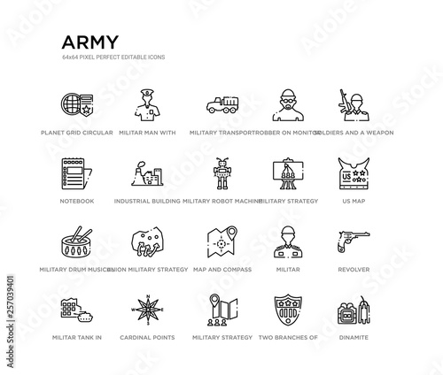 set of 20 line icons such as map and compass, union military strategy, military drum musical instrument, military strategy, robot machine, industrial building, notebook, robber on monitor, photo