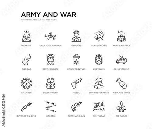 set of 20 line icons such as pistol, bulletproof, chamber, chevrons, condecoration, depth charge, dog tag, fighter plane, general, grenade launcher. army and war outline thin icons collection.