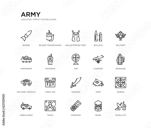 set of 20 line icons such as dagger, first aid, military vehicle, cannon, aim, antenna, amphibian, bullets, bulletproof vest, blood transfusion. army outline thin icons collection. editable 64x64