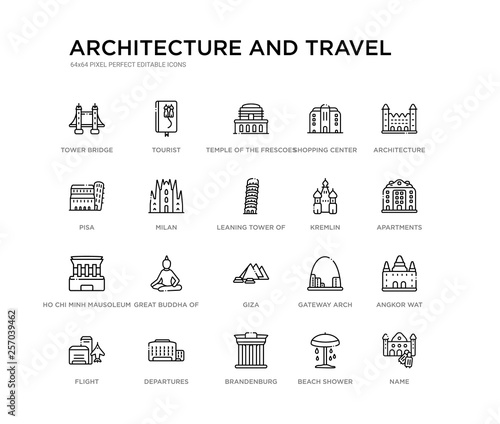 set of 20 line icons such as giza, great buddha of thailand, ho chi minh mausoleum, kremlin, leaning tower of pisa, milan, pisa, shopping center, temple the frescoes, tourist. architecture and