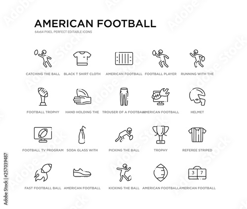 set of 20 line icons such as picking the ball, soda glass with a straw, football tv program, american football annotation, trouser of a football player, hand holding the ball, trophy, player,