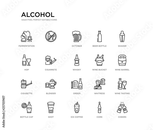 set of 20 line icons such as order, blender, cigarette, wine bucket, whisky, cigarrete, hop, beer bottle, october,  . alcohol outline thin icons collection. editable 64x64 stroke
