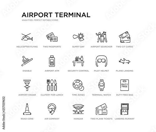 set of 20 line icons such as time zones, clutery for lunch, airport radar, pilot helmet, security control, airport atm, disable, airport searchor, sunny day, two passports. terminal outline thin photo