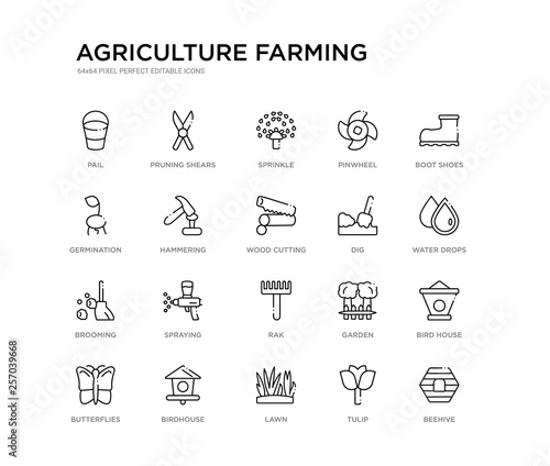 set of 20 line icons such as rak, spraying, brooming, dig, wood cutting, hammering, germination, pinwheel, sprinkle, pruning shears. agriculture farming outline thin icons collection. editable 64x64