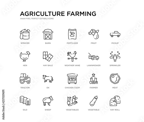 set of 20 line icons such as chicken coop, ox, tractor, lawnmower, weather vane, hay bale, hen, fruit, fertilizer, barn. agriculture farming outline thin icons collection. editable 64x64 stroke