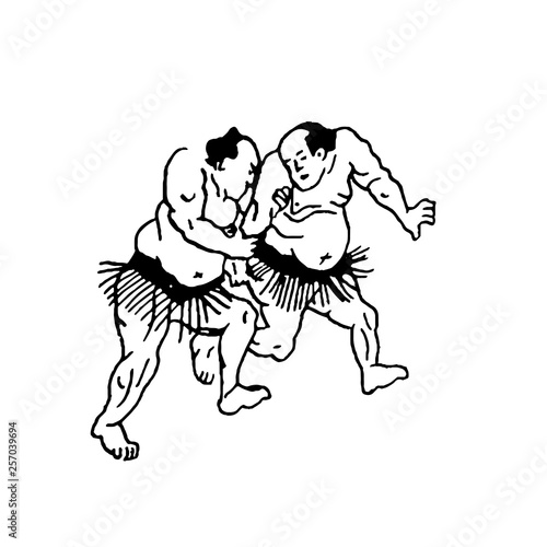 Hand drawn illustration of sumo man wrestlers fight on white background