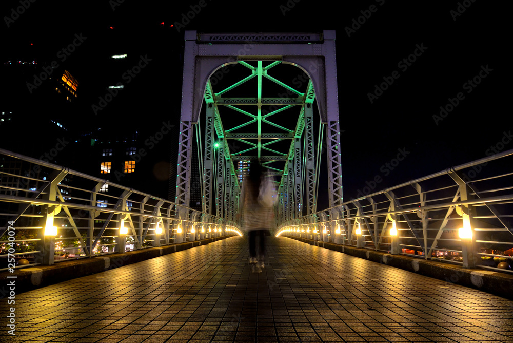 夜の天王洲のふれあい橋を渡る女性の後姿