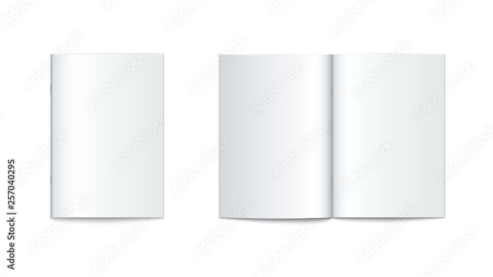 Vector mock up of booklet with soft cover isolated. Opened and closed vertical magazine, brochure or notebook template on white background Vector mock up of booklet with soft cover isolated. Opened and closed vertical magazine, brochure or notebook template on white background