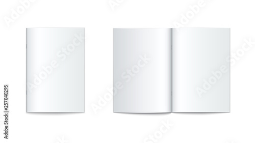 Vector mock up of booklet with soft cover isolated. Opened and closed vertical magazine, brochure or notebook template on white background