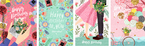 Happy Birthday! Cute vector illustration for congratulations, card, poster or banner. Set of drawn pictures for invitation