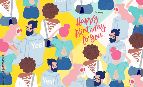 Happy Birthday! Cute vector card, banner or poster for congratulations. Many young hipster men sit back. Trendy, modern pattern