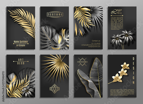 Vector vertical invitation 8 cards set with black and gold tropical leaves on dark background. Luxury exotic botanical design.