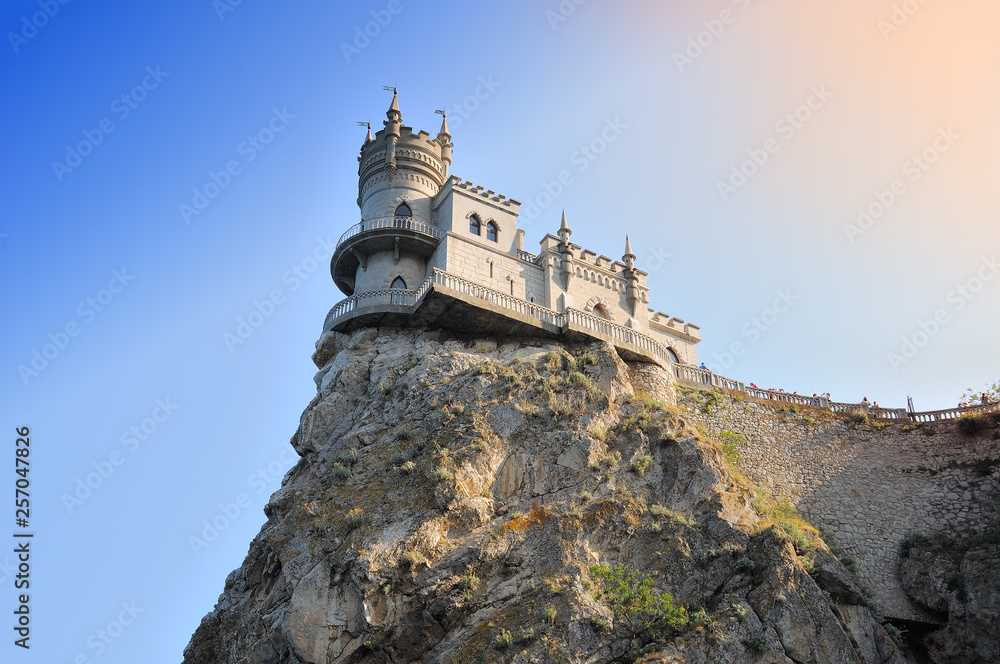 Castle Swallow's nest in Crimea on Black sea in Russia. Summer evening