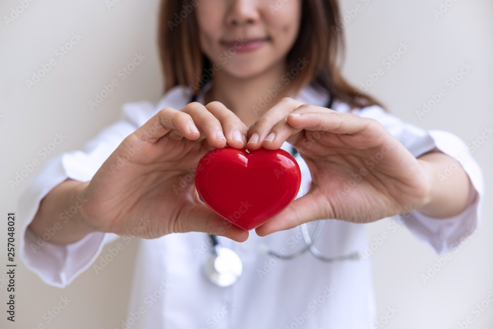 Young female doctor with the stethoscope holding red heart, cardiolog healthy care concept Young female doctor with the stethoscope holding red heart, cardiolog healthy care concept